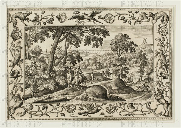 The Flight into Egypt, from Landscapes with Old and New Testament Scenes and Hunting Scenes, 1584, Adriaen Collaert (Flemish, c. 1560–1618), after Hans Bol (Flemish, 1535–1593), published by Anna van Hoeswinckel (Flemish), Flanders, Engraving in black on cream laid paper, laid down on cream laid paper, 143 × 200 mm (image/primary support, trimmed within plate mark), 176 × 238 mm (secondary support)