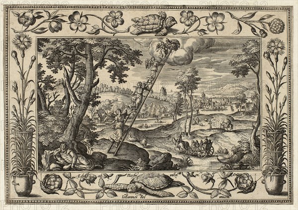 Jacob’s Dream, from Landscapes with Old and New Testament Scenes and Hunting Scenes, 1584, Adriaen Collaert (Flemish, c. 1560–1618), after Hans Bol (Flemish, 1535–1593), published by Anna van Hoeswinckel (Flemish), Flanders, Engraving in black on cream laid paper, laid down on cream laid paper, 143 × 208 mm (image/primary support, trimmed within plate mark), 174 × 238 mm (secondary support)
