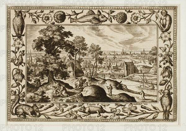 The Parable of the Good Samaritan, from Landscapes with Old and New Testament Scenes and Hunting Scenes, 1584, Adriaen Collaert (Flemish, c. 1560–1618), after Hans Bol (Flemish, 1535–1593), published by Anna van Hoeswinckel (Flemish), Flanders, Engraving in black on cream laid paper, laid down on cream laid paper, 143 × 200 mm (image/primary support, trimmed within plate mark), 176 × 238 mm (secondary support)