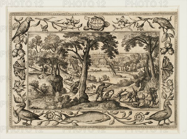 Boar Hunt, from Landscapes with Old and New Testament Scenes and Hunting Scenes, 1584, Adriaen Collaert (Flemish, c. 1560–1618), after Hans Bol (Flemish, 1535–1593), published by Anna van Hoeswinckel (Flemish), Flanders, Engraving in black on cream laid paper, laid down on cream laid paper, 143 × 200 mm (image/primary support, trimmed within plate mark), 176 × 238 mm (secondary support)