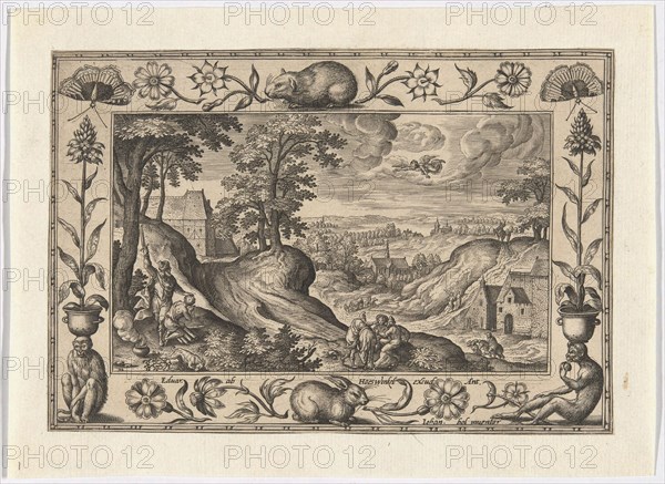 Abraham’s Sacrifice of Isaac, from Landscapes with Old and New Testament Scenes and Hunting Scenes, 1584, Adriaen Collaert (Flemish, c. 1560–1618), after Hans Bol (Flemish, 1535–1593), published by Anna van Hoeswinckel (Flemish), Flanders, Engraving in black on cream laid paper, laid down on cream laid paper, 143 × 208 mm (image/primary support, trimmed within plate mark), 174 × 238 mm (secondary support)