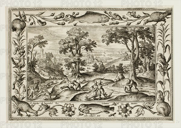 Hare Hunt, from Landscapes with Old and New Testament Scenes and Hunting Scenes, 1584, Adriaen Collaert (Flemish, c. 1560–1618), after Hans Bol (Flemish, 1535–1593), published by Anna van Hoeswinckel (Flemish), Flanders, Engraving in black on cream laid paper, laid down on cream laid paper, 143 × 200 mm (image/primary support, trimmed within plate mark), 176 × 238 mm (secondary support)