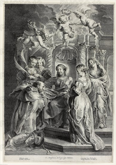 St. Ildefonso before the Virgin, 1638, Hans Witdoeck (Flemish, 1615-after 1642), after Peter Paul Rubens (Flemish, 1577–1640), Flanders, Engraving in black on ivory laid paper, 513 × 373 mm (image), 535 × 377 mm (plate), 543 × 383 mm (sheet)