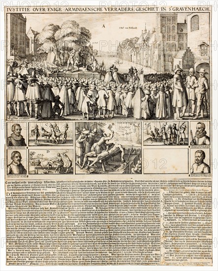 Execution of Arminians in The Hague, 1623, Claes Jansz. Visscher, II, Dutch, 1586–1652, Netherlands, Etching with touches of engraving and letterpress in black on ivory laid paper (pieced), 276 x 320 mm (image), 402 x 320 mm (sheet, trimmed within plate mark)