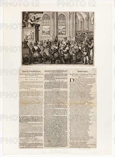 Danck-Predikatien, Gedaen over de laste slach by Worcheseter, op den 18 September 1651, 1651, Unknown Artist, Dutch, 17th century, Netherlands, Engraving in black on ivory laid paper and letterpress in black on ivory laid paper, laid down on cream wove card, Image: 202 x 272 mm (image/plate), 206 x 276 mm (sheet)