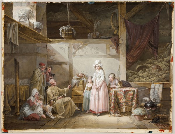 The Evening Prayer, 1790, Jean-Baptiste Mallet, French, 1759-1835, France, Opaque watercolor, over traces of black chalk, on cream laid paper, laid down on card, 288 × 386 mm (primary support), 295 × 389 mm (secondary support)