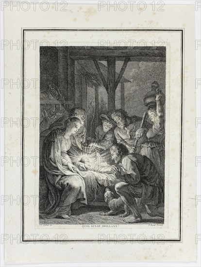 Adoration of the Shepherds, n.d., Pierre-François Basan (French, 1723-1797), after Peter Paul Rubens (Flemish, 1577–1640), France, Engraving in black on ivory laid paper, laid down on ivory laid paper with an ivory laid paper collar,  decoated with ruled pen and black ink lines on strips of ivory laid paper, 282 × 200 mm (image), 295 × 213 mm (primary support, trimmed within plate mark), 406 × 304 mm (secondary support)