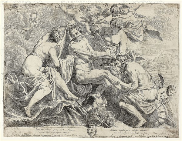 The Deification of Aeneas by Nymphs and Cupids, c. 1645, Daniel van den Dyck, Flemish, 1614-1662, Flanders, Etching in black on ivory laid paper, 316 × 412 mm (image), 318 × 416 mm (sheet, trimmed within platemark)