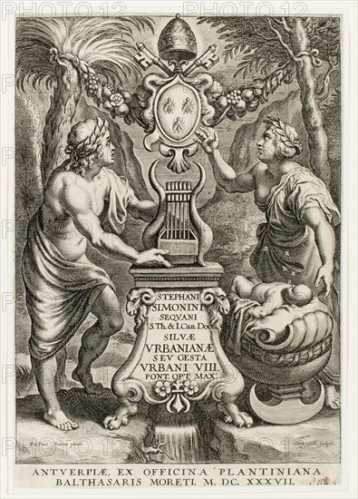 Title page from Silvae Urbanianae, 1637, Cornelis Galle I (Flemish, 1576–1650), after Peter Paul Rubens (Flemish, 1577–1640), Flanders, Engraving in black on cream laid paper, perimeter mounted to ivory wove paper, 193 × 133 mm (image/sheet, trimmed within plate mark), 197 × 137 mm (mount)