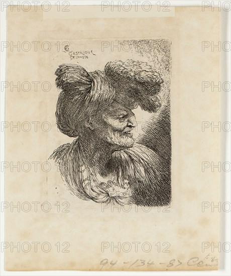 Old Man Wearing a Turban Ornamented with Fur, Facing Right, from Small Studies of Heads in Oriental Headdress, 1645/50, Giovanni Benedetto Castiglione, Italian, 1611-1675, Italy, Etching in black on cream wove paper, 110 x 81 mm (image/plate), 173 x 139 mm (sheet), Izaak Walton, 1880s, Unknown Artist, Unknown Place, Photogravure, plate I from the album "The Compleat Angler or the Contemplative Man's Recreation, Volume I" (1888), edition 109/250, 16.5 x 12.7 cm (image), 19.7 x 15 cm (paper), 31.8 x 24 cm (album page)
