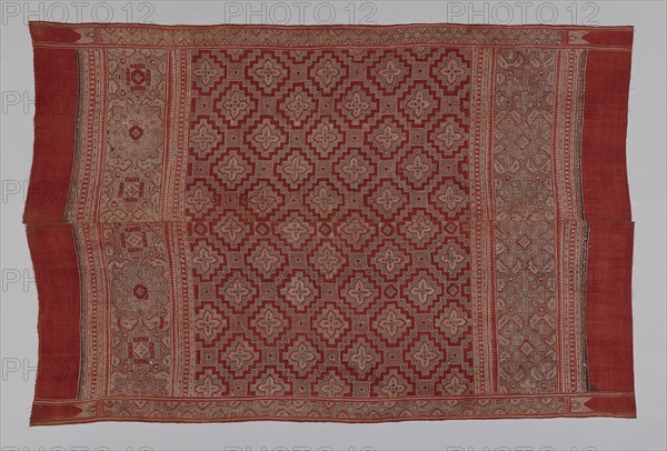 Heirloom Textile, 15th century, India, Coromandel Coast (?), Found in the Toraja area of Sulawesi, Indonesia, India, Cotton, plain woven, block printed and resist-dyed, two loom widths joined, all selvages present, 267.3 x 187.96 cm (105 1/4 x 74 in.)