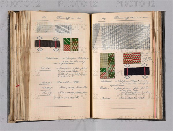 Student Notebook Containing Notes, Diagrams and Swatches, c. 1898–1900, Alfred Fehr (Switzerland, 1879-1955), Germany, Bound notebook of technical notes and weave samples: fabrics for clothing and mixed goods, ribbed and twill cottons, and jacquard, 176 pages, 38.7 x 27.3 x 6.7 cm (15 1/4 x 10 3/4 x 2 5/8 in.)