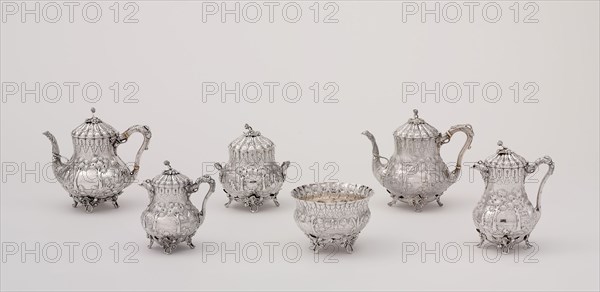 Tea Service, 1850, Gorham & Thurber, American, 1850–52, Providence, Rhode Island, Silver, Coffeepot: 21 × 15.9 × 12.1 cm (8 1/4 × 6 1/4 × 4 3/4 in.), Teapot: 22 × 23.9 × 14.6 cm (8 5/8 × 9 3/8 × 5 3/4 in.), Sugar bowl: 18.4 × 16.2 × 16.2 cm (7 1/4 × 6 3/8 × 6 3/8 in.), Creamer: 17.2 × 14.9 × 11.4 cm (6 3/4 × 5 7/8 × 4 1/2 in.), Waste bowl: 11.4 × 16.2 × 16.2 cm (4 1/2 × 6 3/8 × 6 3/8 in.)