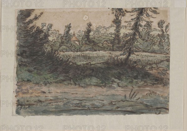Near Vichy, 1866/67, Jean François Millet, French, 1814-1875, France, Watercolor and pen and brown iron gall ink over graphite on ivory laid paper, perimeter mounted to cream Japanese paper, 109 × 161 mm