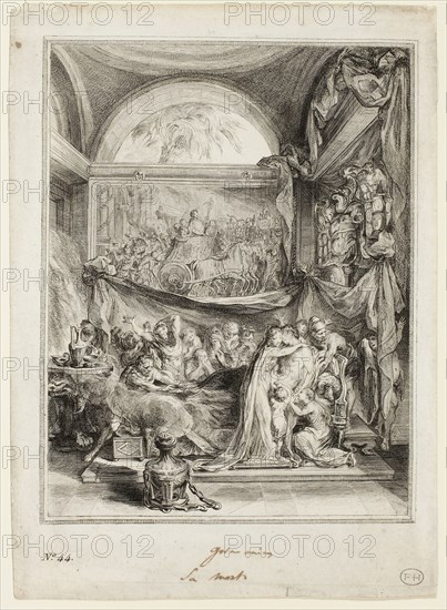 The Death of Germanicus, from the Spectacle de l’Histoire Romaine, 1760/68, Gabriel-Jacques de Saint-Aubin, French, 1724-1780, France, Etching in black on ivory laid paper, 212 × 162 mm (image), plate mark not visible, 257 × 185 mm (sheet)