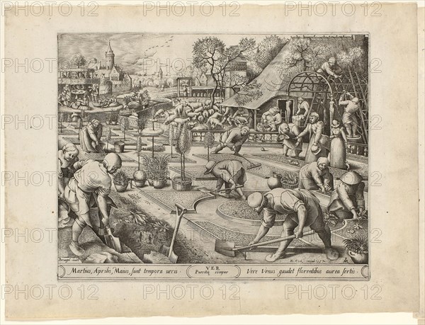 Spring, from The Four Seasons, 1570, Pieter van der Heyden (Flemish, c. 1530–after 1584), after Pieter Bruegel, the elder (Flemish, 1525/30–1569), published by Hieronymus Cock (Flemish, c. 1510–1570), Flanders, Engraving with etching in black on ivory laid paper, 210 × 284 mm (image), 228 × 287 mm (plate), 285 × 380 mm (sheet)