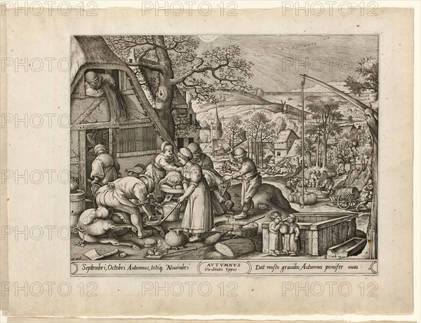 Autumn, from The Four Seasons, 1570, Pieter van der Heyden (Flemish, c. 1530–after 1584), after Hans Bol (Netherlandish, 1534–1593), published by Hieronymus Cock (Flemish, c. 1510–1570), Flanders, Engraving with etching in black on ivory laid paper, 208 × 284 mm (image), 225 × 287 mm (plate), 285 × 380 mm (sheet)