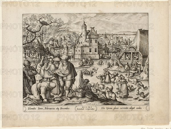 Winter, from The Four Seasons, 1570, Pieter van der Heyden (Flemish, c. 1530–after 1584), after Hans Bol (Netherlandish, 1534–1593), published by Hieronymus Cock (Flemish, c. 1510–1570), Flanders, Engraving with etching in black on ivory laid paper, 210 × 287 mm (image), 227 × 287 mm (plate), 283 × 380 mm (sheet)