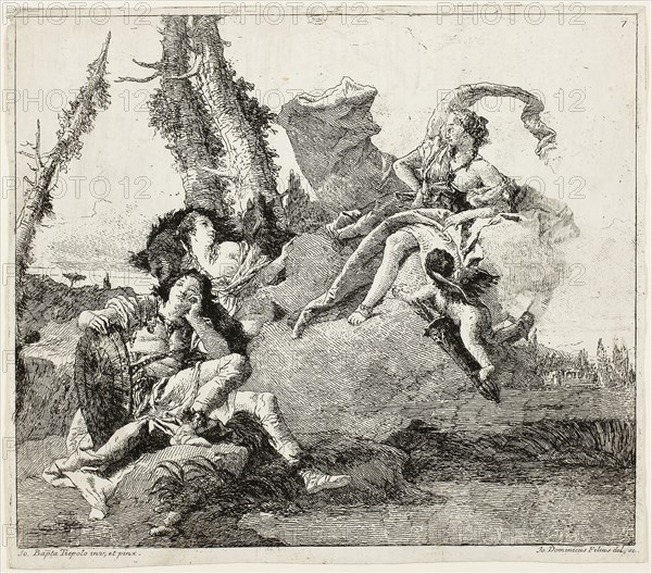 Armida Falls in Love with Rinaldo, c. 1775, Giandomenico Tiepolo (Italian, 1727-1804), after Giambattista Tiepolo (Italian, 1696-1770), Italy, Etching in black on ivory laid paper, 257 x 291 mm (image), 267 x 299 mm (sheet), trimmed within plate mark