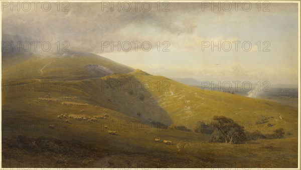 A View on the South Downs, 1871, Henry George Hine, English, 1811-1895, England, Watercolor and gouache, with touches of scraping, over traces of graphite, on off-white wove paper, 495 × 883 mm (sight)