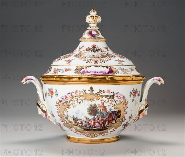 Covered Tureen and Stand (One of a Pair), c. 1740, Meissen Porcelain Manufactory, Germany, founded 1710, Germany, Hard-paste porcelain, polychrome enamels and gilding, Stand: 39.5 × 30.1 × 8 cm (15 9/16 × 11 7/8 × 3 1/8 in.)