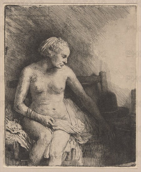 Woman at the Bath with a Hat Beside Her, 1658, Rembrandt van Rijn, Dutch, 1606-1669, Netherlands, Etching and drypoint in black on ivory Japanese paper, laid down on ivory Japanese paper, 157 x 129 mm (image/plate), 163 x 133 mm (primary/secondary support)