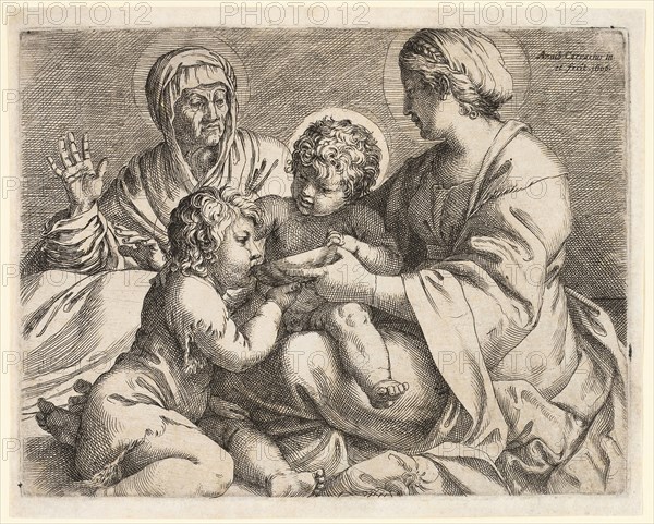 Madonna and Child with Saints Elizabeth and John the Baptist, 1606, Annibale Carracci, Italian, 1560-1609, Italy, Engraving and etching in black on ivory laid paper, 125 x 162 mm (image/plate), 135 x 169 mm (sheet)