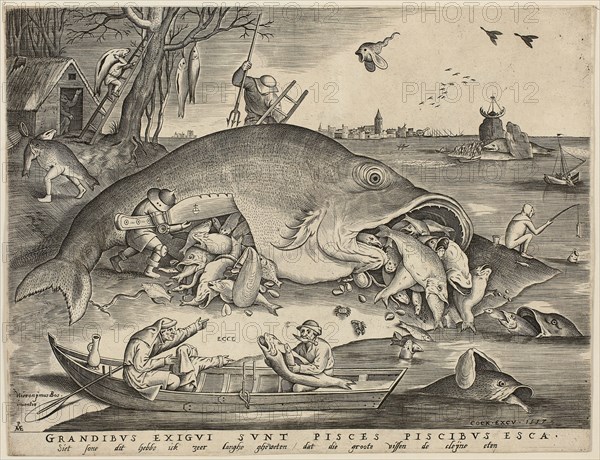 Big Fish Eat Little Fish, 1557, Pieter van der Heyden (Flemish, c. 1530–after 1584), after Pieter Bruegel, the elder (Flemish, 1525/30–1569), published by Hieronymus Cock (Flemish, c. 1510–1570), Flanders, Etching and engraving in black on ivory laid paper, laid down on ivory laid paper, 217 × 299 mm (image), 230 × 300 mm (plate), 229 × 301 mm (sheet)