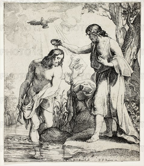 The Baptism of Christ, 1630, Willem Panneels (Flemish, c. 1600–c. 1632), after Peter Paul Rubens (Flemish, 1577–1640), Flanders, Etching on ivory laid paper, 165 × 140 mm (image/sheet), trimmed within plate mark