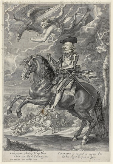 Ferdinand of Austria on Horseback, c. 1641, Paulus Pontius (Flemish, 1603–1658) after Peter Paul Rubens (Flemish, 1577–1640), Flanders, Engraving in black on ivory laid paper, 450 × 323 mm (image), 483 × 327 mm (plate), 487 × 332 mm (sheet)