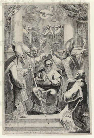 Consecration of the Bishop of Noyon with Scene of Pentecost Above, 1640/57, Pieter Claesz. Soutman (Dutch, c. 1580–1657) after Peter Paul Rubens (Flemish, 1577–1640), Netherlands, Etching in black with traces of foul bite on buff laid paper, 331 x 204 mm (sheet)