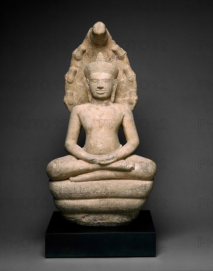 Buddha Enthroned on a Serpent (Naga), Angkor period, 13th century, Cambodia/Thailand, Cambodia, Sandstone, 84.5 × 42 × 26.7 cm (33 1/4 × 16 1/2 × 10 1/2 in.)