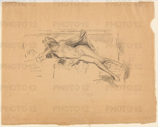 Nude Model, Reclining, 1893, James McNeill Whistler, American, 1834-1903, United States, Transfer ithograph in black on tan laid Japanese paper, 130 x 210 mm (image), 237 x 297 mm (sheet)
