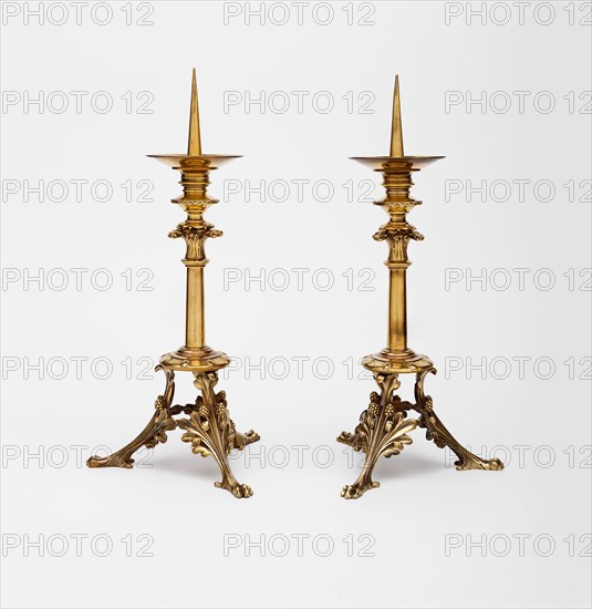 Pair of Altar Candlesticks, 1862, Eugène Emmanuel Viollet-le-Duc, French, 1814-1879, Made by Placide-Benoît-Marie Poussielgue-Rusand, French, 1824–1889, Paris, France, Paris, Gilded cast bronze, 1: 42.2 x 21 x 18.4 cm (16 5/8 x 8 1/4 x 7 1/4 in.)