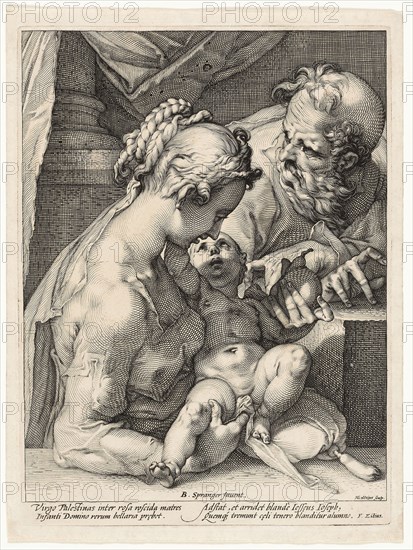 The Holy Family, c. 1589, Hendrick Goltzius (Dutch, 1558-1617), after Bartholomaeus Spranger (Flemish, 1546–1611), Netherlands, Engraving in black on laid paper, 271 × 210 mm (image), 286 × 215 mm (plate), 304 × 229 mm (sheet)