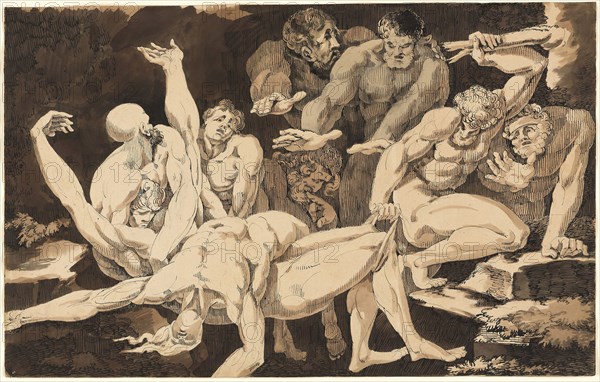 Nude Male Figures Bearing the Bodies of their Dead Companions, c. 1779, James Jefferys, English, 1751-1784, England, Pen and black ink and brush and reddish-brown wash on cream laid paper, 355 × 564 mm