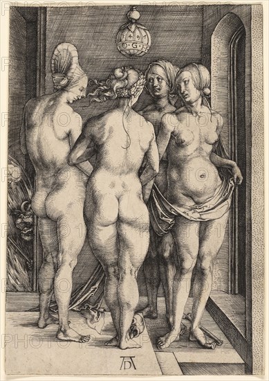 The Four Naked Women, 1497, Albrecht Dürer, German, 1471-1528, Germany, Engraving in black on ivory laid paper, 189 × 134 mm (image/plate), 190 × 135 mm (sheet)