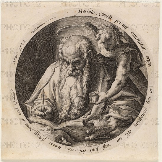 Saint Matthew, plate one from The Four Evangelists, 1588, Jacob de Gheyn II (Dutch, 1565-1629), after Hendrick Goltzius (Dutch, 1558-1617), Netherlands, Engraving in black on laid paper, 150 mm diameter (image), 170 mm diameter (plate), 182 x 183 mm (sheet)