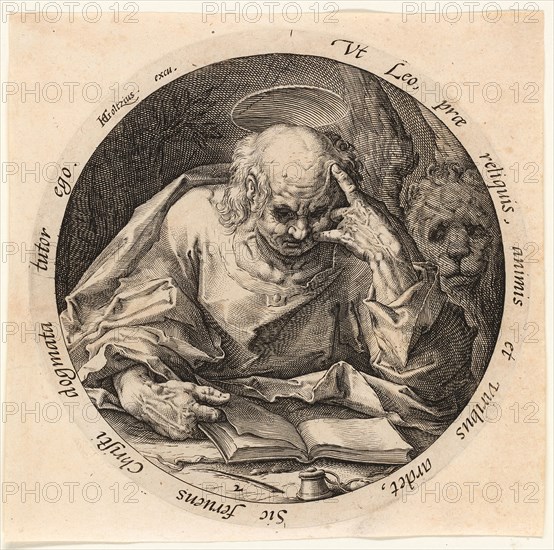 Saint Mark, plate two from The Four Evangelists, 1588, Jacob de Gheyn II (Dutch, 1565-1629), after Hendrick Goltzius (Dutch, 1558-1617), Netherlands, Engraving in black on laid paper, 150 mm diameter (image), 170 mm diameter (plate), 179 x 183 mm (sheet)