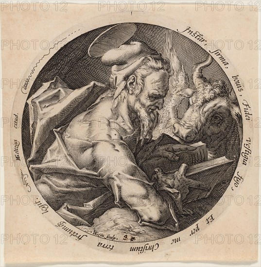 Saint Luke, plate three from The Four Evangelists, 1588, Jacob de Gheyn II (Dutch, 1565-1629), after Hendrick Goltzius (Dutch, 1558-1617), Netherlands, Engraving in black on laid paper, 150 mm diameter (image), 170 diameter (plate), 180 x 178 mm (sheet)