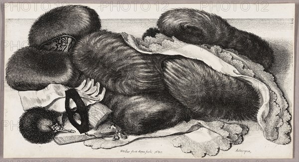 Still-Life with a Group of Muffs, a Pair of Gloves, and Two Kerchiefs, 1647, Wenceslaus Hollar, Czech, 1607-1677, Czechoslovakia, Etching in black on cream laid paper, 109 × 203 mm (image/sheet, trimmed within plate mark)