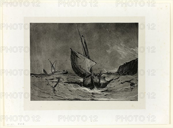 Fishing Boat in a Gale, n.d., Eugène Isabey, French, 1803-1886, France, Lithograph in black on cream chine, laid down on ivory wove paper (chine collé), 217 × 280 mm (primary support), 250 × 300 mm (plate), 288 × 380 mm (secondary support)