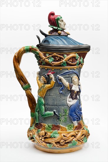 Tower-Jug, 1872, Minton Pottery and Porcelain Factory, Stoke-on-Trent, England, founded 1793, England, Tin glazed earthenware with pewter mounts, 27 × 13.7 × 17.5 cm (10 5/8 × 5 3/8 × 6 7/8 in.)