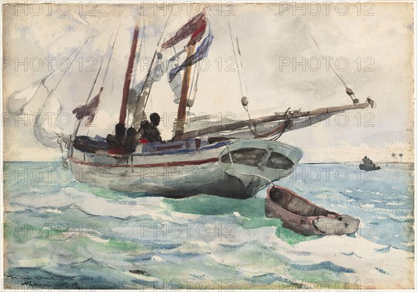Schooner, Nassau, 1898/99, Winslow Homer, American, 1836-1910, United States, Transparent watercolor, with traces of opaque watercolor, rewetting, blotting and scraping, over graphite, on thick, rough twill-textured, ivory wove paper, 380 x 545 mm