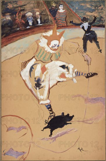 At the Circus Fernando: Medrano with a Piglet, c. 1889, Henri de Toulouse-Lautrec, French, 1864-1901, France, Oil on paper laid down on board, 574 × 375 mm