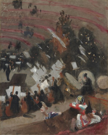 Rehearsal of the Pasdeloup Orchestra at the Cirque d’Hiver, c. 1879, John Singer Sargent, American, 1856–1925, Paris, Oil on canvas, 93 × 73 cm (36 5/8 × 28 3/4 in.)