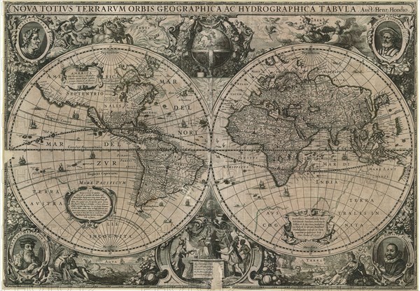 Map, Nova totivs terrarvm orbis geographica ac hydrographica tabvla auct. Henr. Hondio, Henricus Hondius (1597-1651), Copperplate print