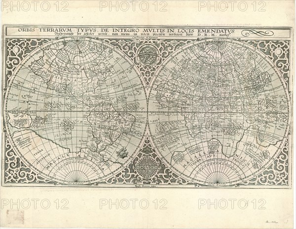 Map, Orbis terrarvm typvs, de integro mvltis in locis emendatvs = Beschr?vinghe der geheeler werelt Baptista Doetecomius sculptor van nieus in velen plaetsen verbetert door D.R.M. Mathes, Baptista van Doetecum (1588-1611), D.R.M., Petrus Plancius (1552-1622), Copperplate print