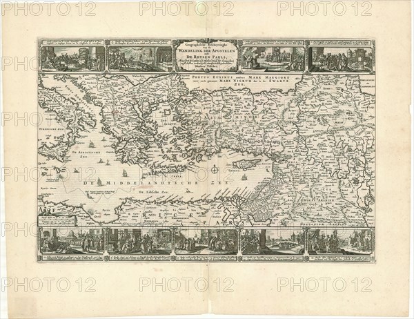 Map, Geographische beschryvinghe van de wandeling der apostelen ende de reysen Pauli, mitsgaders de landen ende r?cken daer s? het Evangelium eerst hebben vercondight, nieuwl?cx int licht gebracht door Nicolaes Visscher A. vanden Broeck sculp, Nicolaes Jansz Visscher (1618-1679), Abraham van den Broeck (c. 1616-1688), Copperplate print