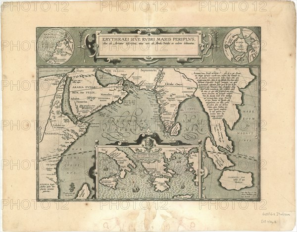Map, Erythraei sive Rvbri Maris periplvs olim ab Arriano descriptvs, nunc vero ab Abrah. Ortelio ex eodem delineatvs, Abraham Ortelius (1527-1598), Flavius Arrianus (c.95-c.175), Copperplate print